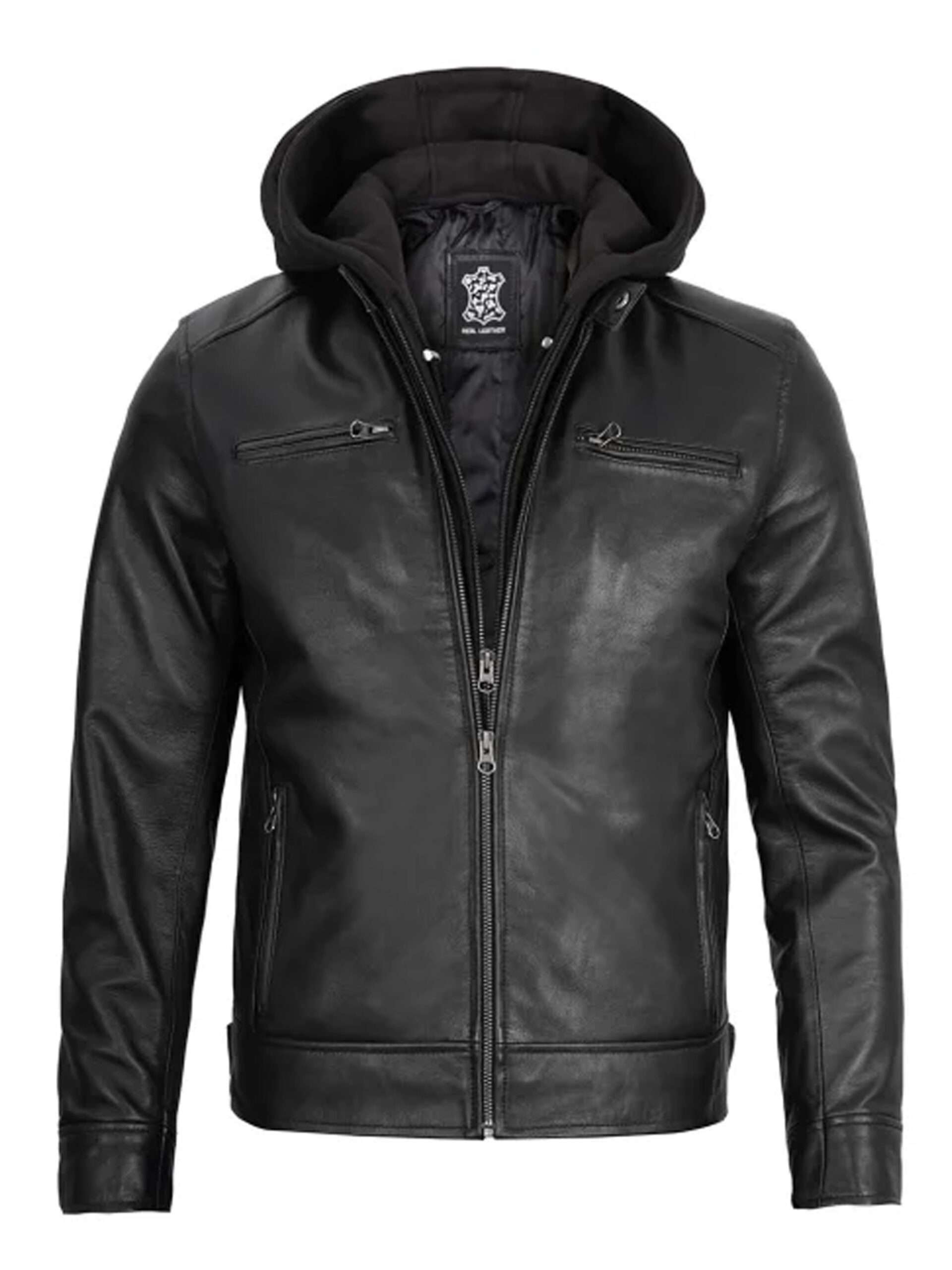 Men’s Cafe Racer Black Biker Leather Jacket With Removable Hood