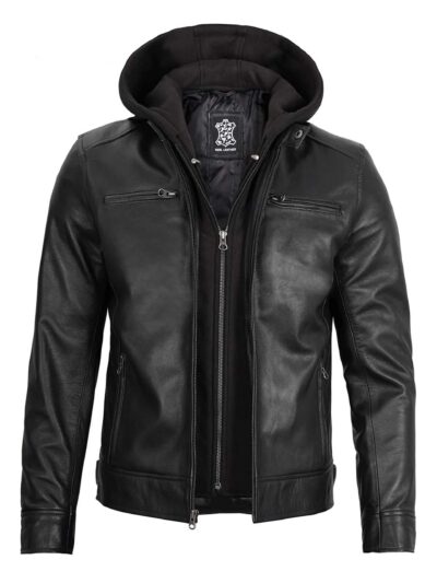 Men’s Cafe Racer Black Hooded Biker Leather Jacket