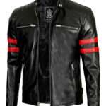 Hunter Men’s Cafe Racer Black Leather jacket - Red Striped Biker Jacket