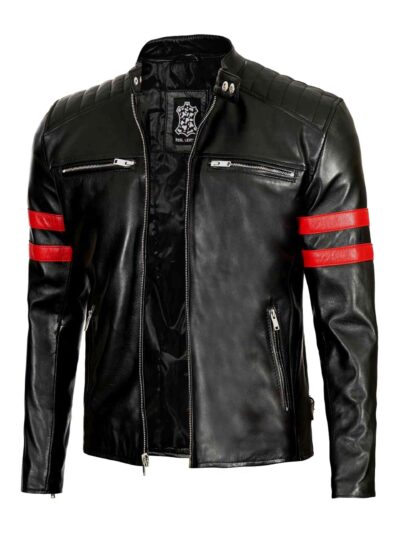 Men’s Cafe Racer Black Leather jacket - Red Striped Biker Jacket