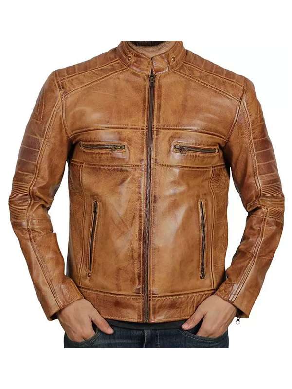 Men's Tan Distressed Biker Leather Jacket