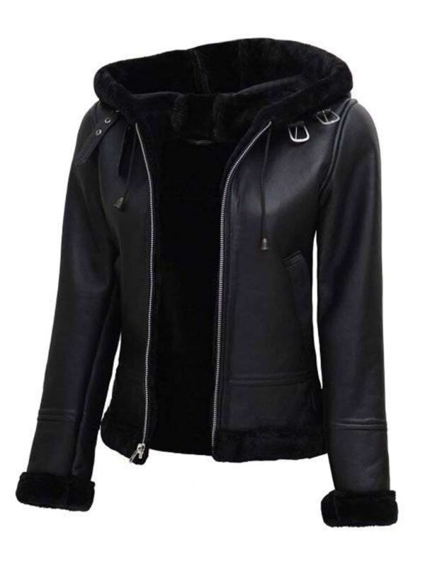 Women’s Black Shearling Hooded Bomber Leather Jacket