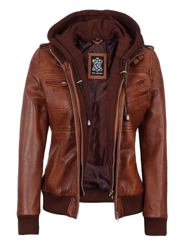 Womens Cognac Bomber Leather Jacket With Removeable Hood