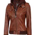 Womens Cognac Hooded Bomber Leather Jacket