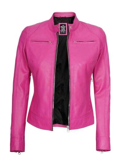 Women's Pink Cafe Racer Biker Leather Jacket