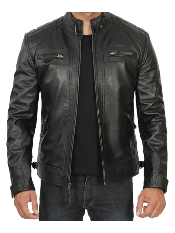 Black Cafe Racer Leather Jacket For Men