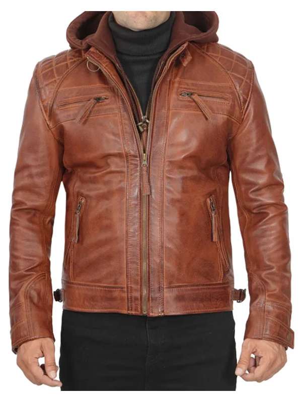 Brown Hooded Waxed Leather Jacket