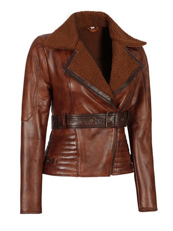 Brown Sherpa Leather Jacket For Women