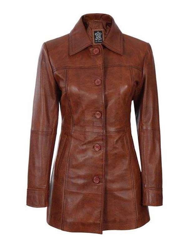 Cognac Petite Leather Coat For Women