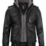 Men's Black Leather Bomber Jacket With Hood