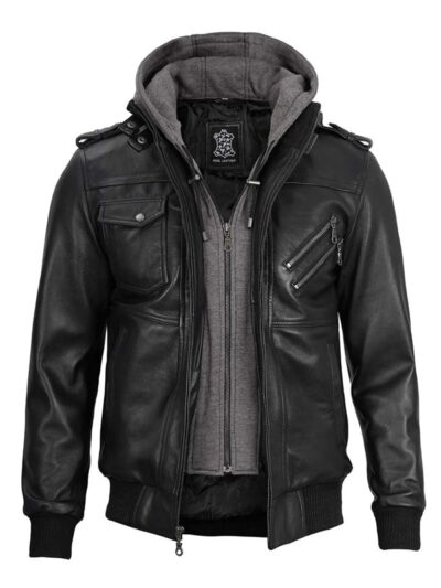 Men's Black Leather Bomber Jacket With Hood