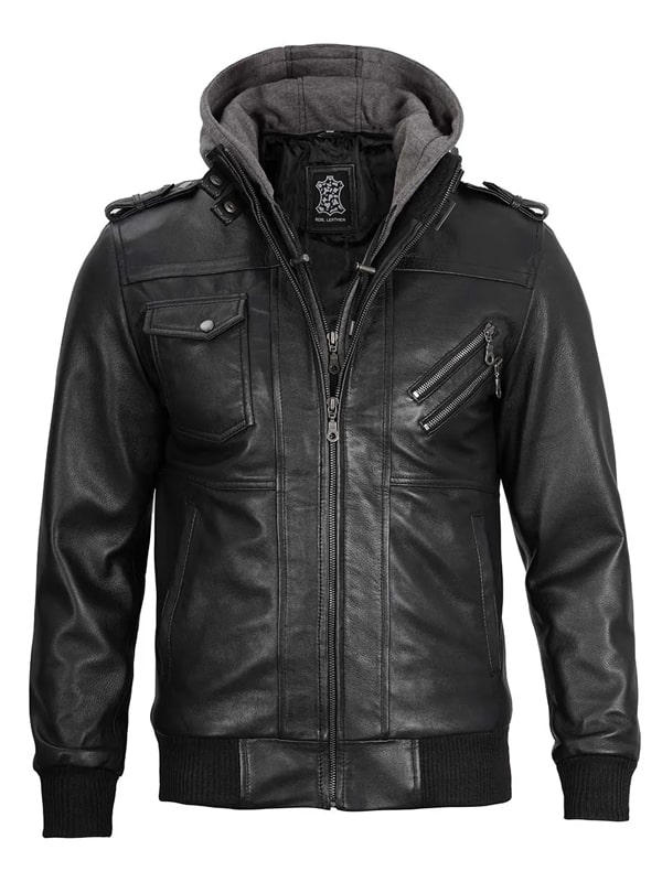 Men's Leather Bomber Jacket With Hood