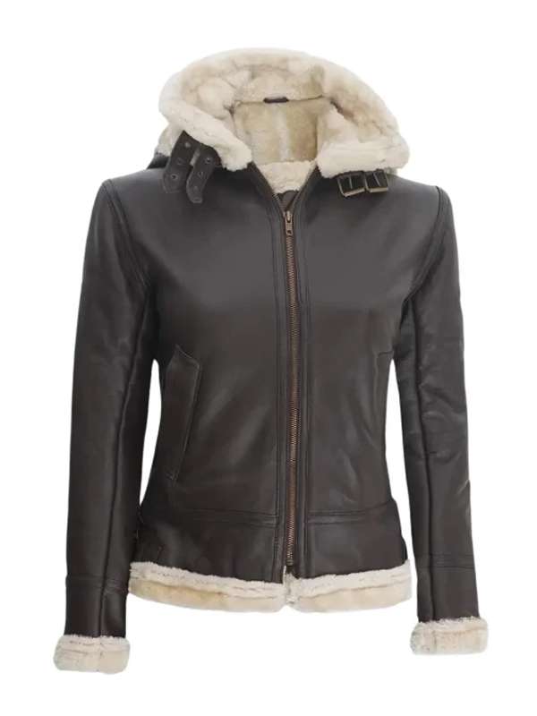 Women’s Dark Brown Shearling Leather Jacket With Hood