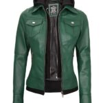 Women's Green Fitted Leather Bomber Jacket