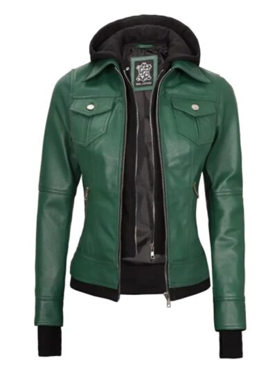 Women's Green Leather Bomber Jacket