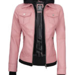 Women's Pink Fitted Leather Bomber Jacket
