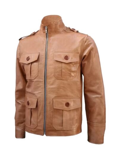 Men's Four Pockets Tan Leather Jacket