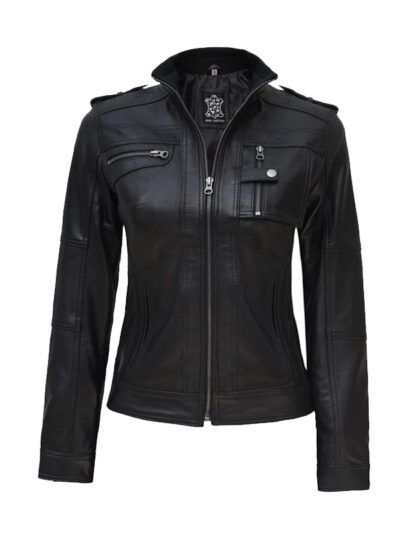Women's Black Leather Cafe Racer Jacket