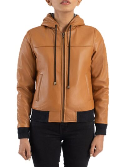 Women’s Brown Hooded Bomber Leather Jacket