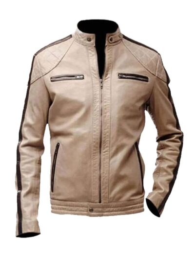 Men's Beige Leather Motorcycle Jacket