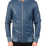 Men's Blue Leather Bomber Biker Jacket