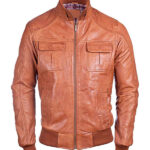 Men's Waxed Brown Sheepskin Leather Bomber Jacket