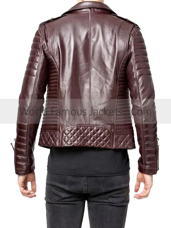 Brown Quilted Leather Biker Jacket For Men