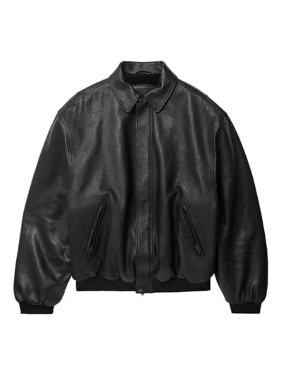 Men's Black Leather Blouson Bomber Jacket
