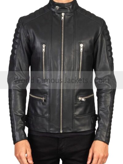 Men’s Black Leather Padded Biker Jacket