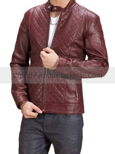 Men's Maroon Quilted Biker Leather Jacket
