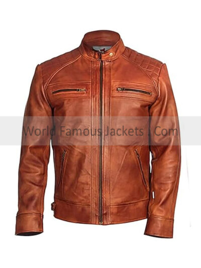 Men's Quilted Brown Leather Biker Jacket