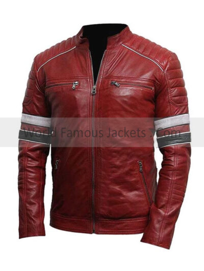Men's Striped Red Cafe Racer Leather Jacket