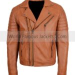 Men’s Tan Genuine Leather Motorcycle Padded Jacket