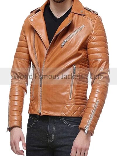 Men’s Tan Padded And Quilted Motorcycle Leather Jacket