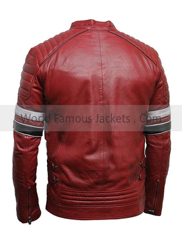 Striped Red Cafe Racer Leather Jacket