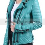 Women’s Blue Leather Quilted Motorcycle Padded Jacket