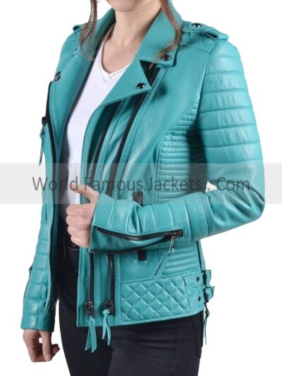 Women’s Blue Leather Quilted Motorcycle Padded Jacket