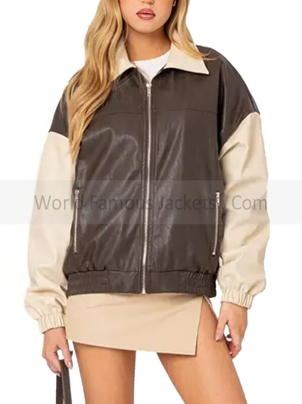 Women's Two Tone Leather Oversized Bomber Jacket