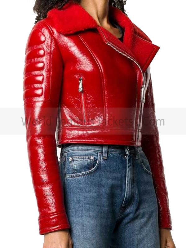 Women's Lainey Red Lambskin Leather Cropped Jacket