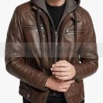 Men's Brown Leather Hooded Motorcycle Jacket