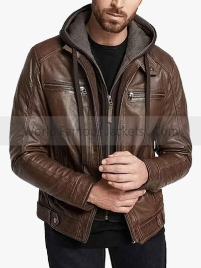 Men's Brown Leather Hooded Motorcycle Jacket