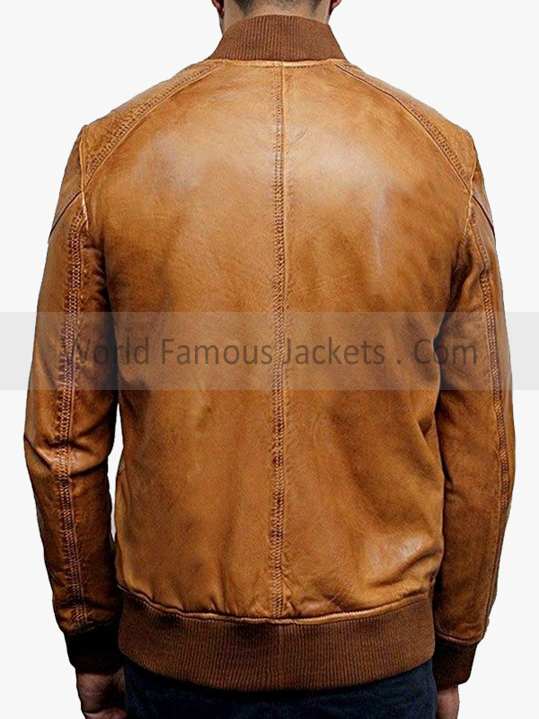 Men's Brown Waxed Sheepskin Leather Bomber Jacket