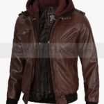 Men's Dark Brown Leather Bomber Jacket With Hood