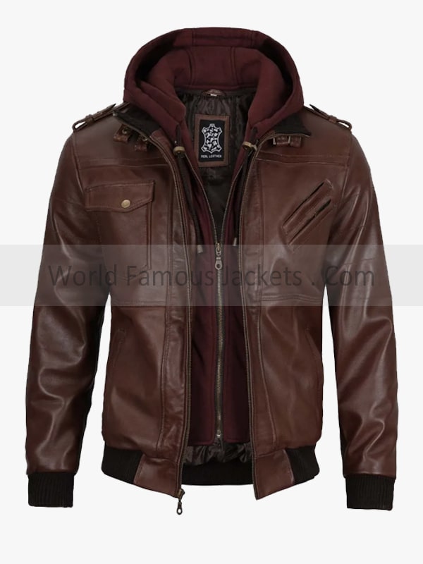 Men's Dark Brown Leather Jacket With Hood