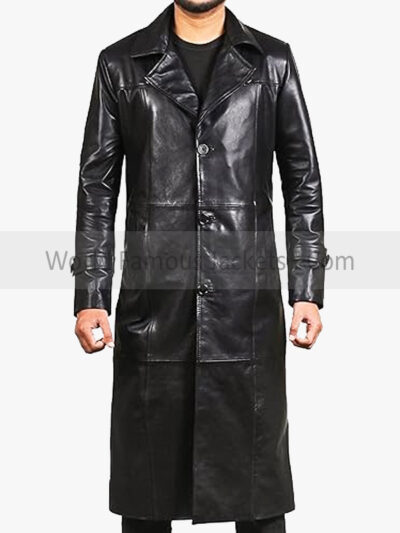 Men's Long Black Leather Trench Coat