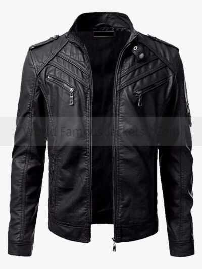 Men’s Slim-Fit Black Leather Biker Jacket