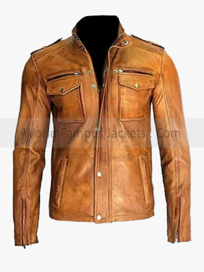 Men's Tan Distressed Motorcycle Real Leather Jacket