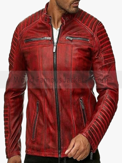 Men's Vintage Red Leather Cafe Racer Biker Jacket