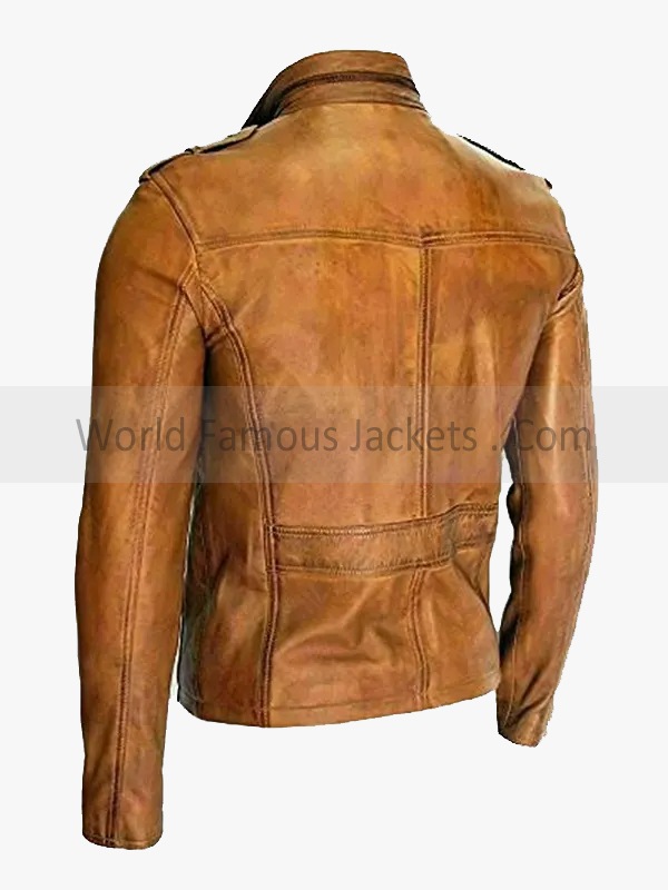 Tan Distressed Motorcycle Real Leather Jacket