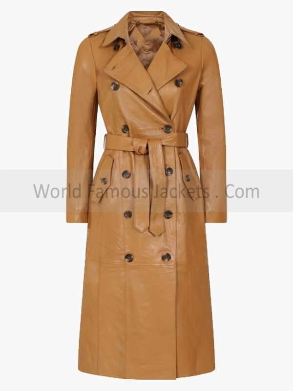 Women's Tan Brown Belted Trench Leather Coat